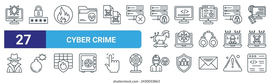 Set von 27 Skizzen Web Cyber Crime Icons wie Schaden, Passwort, Flamme, Programmierung, Virus, Bombe, Räuber, Web-Codierung Vektor dünne Linie Icons für Web-Design, mobile App.