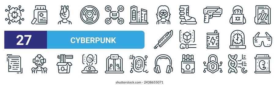 set of 27 outline web cyberpunk icons such as implant, medicine, cyborg, boot, hologram, robot, headphone, fetus vector thin line icons for web design, mobile app.