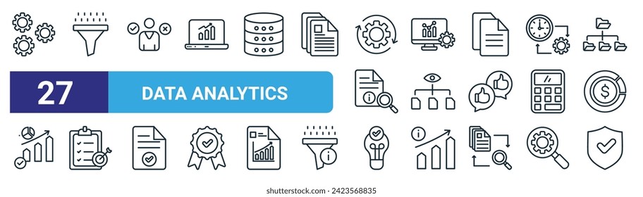 conjunto de 27 iconos de análisis de datos web de contorno como equipo metálico, embudo, toma de decisiones, gestión de datos, visualización de datos, objetivo, bombilla, iconos de línea delgada de vectores de protección para diseño web,