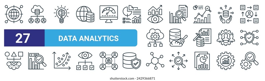 set of 27 outline web data analytics icons such as network, data collection, hine learning, exploratory analysis, data cleansing, insight, mind map, optimization vector thin line icons for web