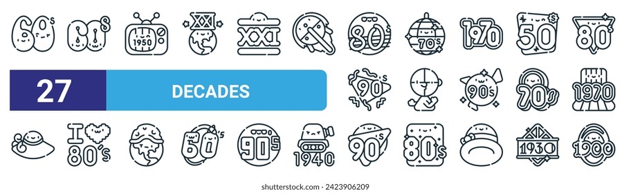 set of 27 outline web decades icons such as s, psychedelic, tv screen, disco ball, cubism, s, s, decade vector thin line icons for web design, mobile app.