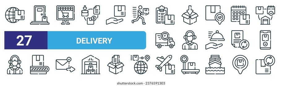 set of 27 outline web delivery icons such as worldwide shipping, door delivery, shopping online, packaging, call center agent, conveyor band, plane, process vector thin line icons for web design,
