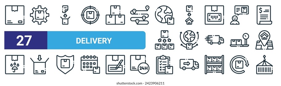 27 Umrisssymbole wie Box, Logistik, Erfüllung, Lieferung, Versand, Paket, Inventar, Container Vektor dünne Linie Icons für Web Design, mobile App.