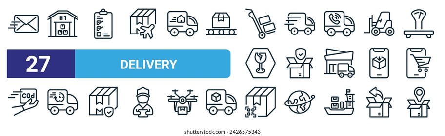 conjunto de 27 iconos de entrega web de esquema como correo electrónico, almacenamiento, lista de embalaje, envío rápido, seguro, seguimiento de tiempo, código qr, vector de seguimiento de iconos de línea delgada para diseño web, aplicación móvil.