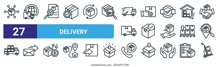 set of 27 outline web delivery icons such as network, logistics, delivery note, courier, package, mail, customer service, dolly vector thin line icons for web design, mobile app.