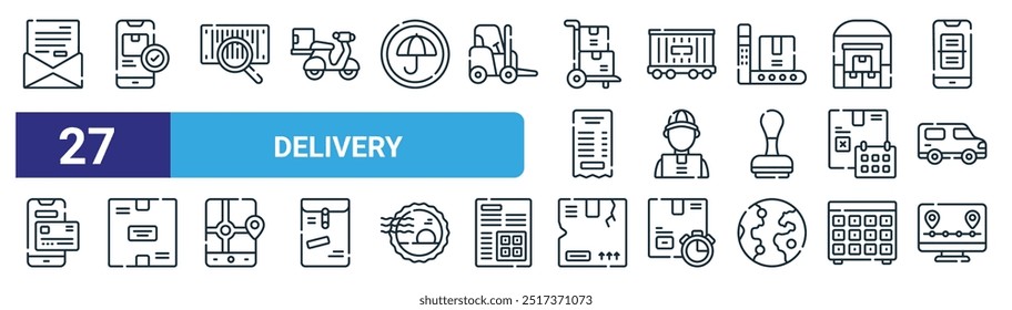 conjunto de 27 ícones de distribuição de web outline, tais como o serviço postal, recebido, trilha, trem, entregador, caixa, dano, pista vetor linha fina ícones para web design, aplicativo móvel.