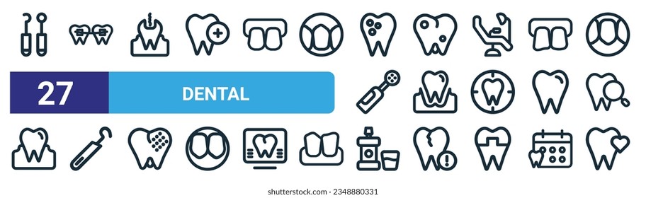 set of 27 outline web dental icons such as tools, braces, drill, caries, extraction, periodontal scaler, mouthwash, care vector thin line icons for web design, mobile app.