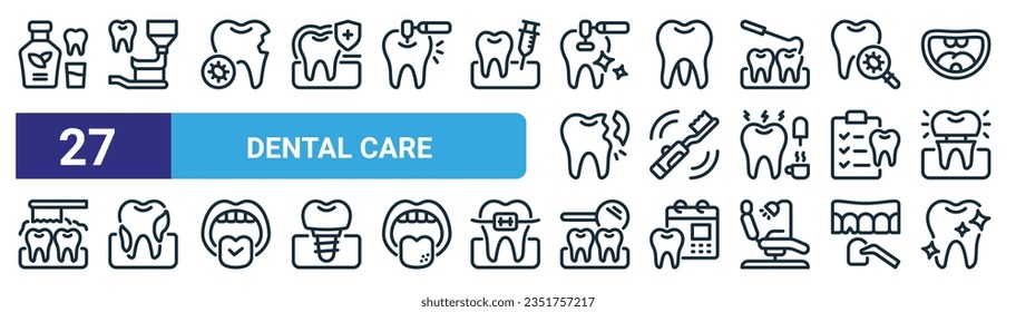 conjunto de 27 íconos web de cuidado dental como enjuague bucal, pasta dental, infección, molar, cepillo de dientes eléctrico, tartar, espejo bucal, iconos de línea delgada vectorial de dientes para diseño web, aplicación móvil.