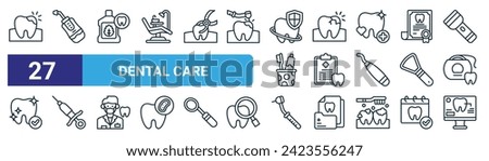 set of 27 outline web dental care icons such as cavity, dental irrigator, mouthwash, broken tooth, medical report, syringe, dental drill, monitor vector thin line icons for web design, mobile app.