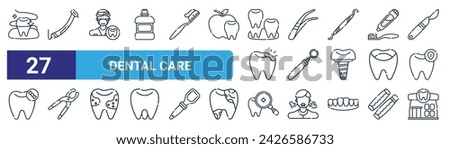 set of 27 outline web dental care icons such as dental floss, drilling tooth, dentist, tweezers, mouth mirror, forceps, dental checkup, clinic vector thin line icons for web design, mobile app. ストックフォト © 
