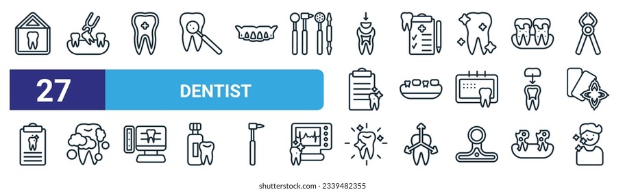 conjunto de 27 íconos web dentistas de contorno como casa dental, extracción dental, odontología, lista médica, dentadura parcial, limpieza dental, dientes blancos, iconos sanos vectoriales delgados para diseño web,