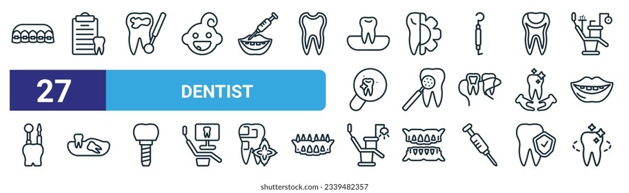 set of 27 outline web dentist icons such as brackets, dental checkup, cavities, apicoectomy, mouth mirror, wisdom tooth, dental chair, tooth whitening vector thin line icons for web design, mobile