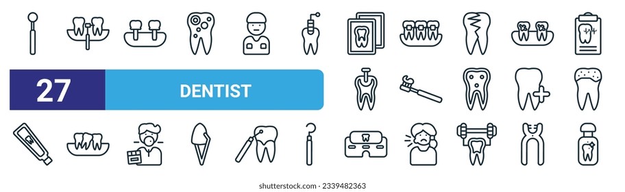 conjunto de 27 íconos web dentistas de contorno como espejo dentista, interproximal, diente falso, soportes dentales, cepillos de dientes, maloclusión, clínica, iconos de línea delgada del vector de lavado de boca para diseño web, móvil