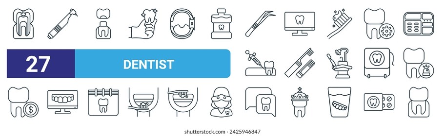 conjunto de 27 iconos de dentista web de contorno como caries, pieza de mano, corona dental, ordenador, cepillo de dientes, ordenador, chat, vector de dientes iconos de línea delgada para diseño web, aplicación móvil.