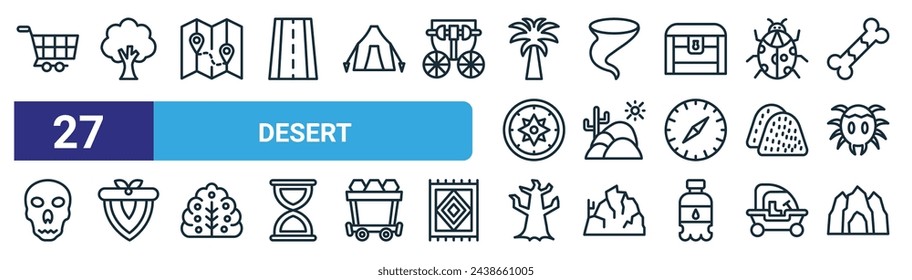 set of 27 outline web desert icons such as cart, tree, map, tornado, desert, bandana, dead tree, cave vector thin line icons for web design, mobile app.