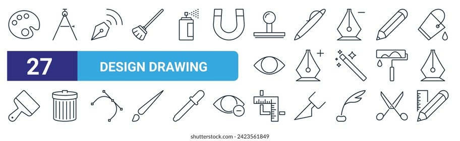 conjunto de 27 iconos de dibujo de diseño web de contorno como paleta de colores, brújula, pluma, lápiz, lápiz, papelera, regla, regla y lápiz vectores de línea delgada para diseño web, aplicación móvil.