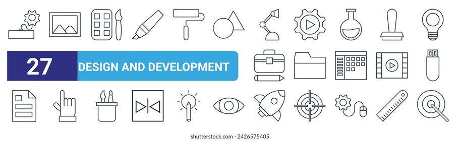 conjunto de 27 iconos de diseño y desarrollo web de contorno como ting, foto, pincel, engranaje, carpeta, mano, cohete, dardo vector de línea delgada iconos para el diseño web, aplicación móvil.