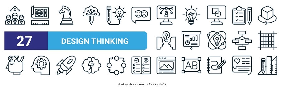 set of 27 outline web design thinking icons such as teamwork, prototype, strategy, idea, planing, thinking, layout, de vector thin line icons for web design, mobile app.