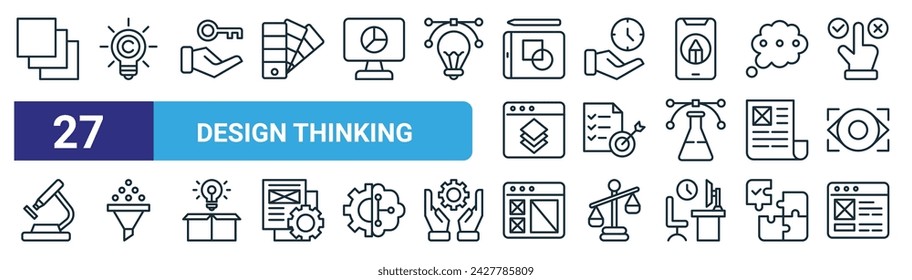 set of 27 outline web design thinking icons such as layer, copyright, solution, time management, goal, filter, wireframe, ui de vector thin line icons for web design, mobile app.