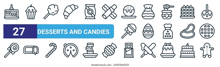 set of 27 outline web desserts and candies icons such as cake piece, cupcake, cotton candy, candy, easter egg, cake, chote bar, gingerbread man vector thin line icons for web design, mobile app.