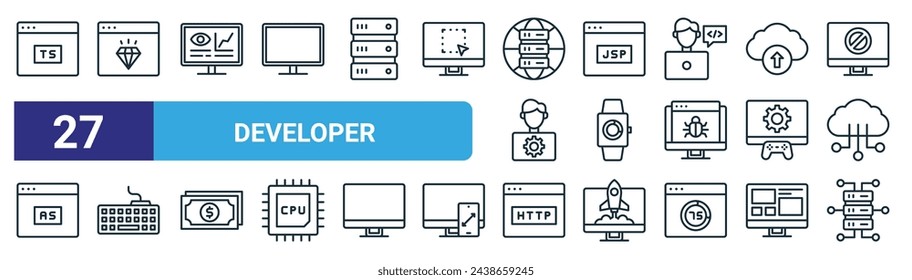 set of 27 outline web developer icons such as ts, diamond, monitoring, jsp, smartwatch, keyboard, http, server vector thin line icons for web design, mobile app.