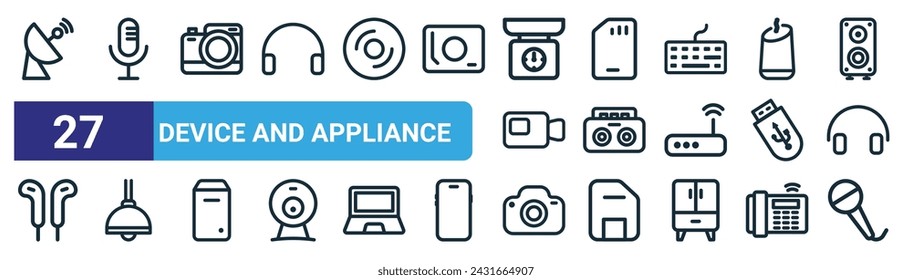 Set von 27 Outline-Web-Gerät und Appliance-Symbole wie Radar, Mikrofon, Kamera, Speicherkarte, Audio-Player, Hängelampe, Kamera, Mikrofon Vektor dünne Linie Symbole für Web-Design, mobile App.