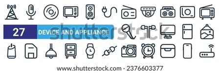set of 27 outline web device and appliance icons such as radar, microphone, compact disc, cctv camera, earphone, floppy disk, camera, modem vector thin line icons for web design, mobile app.