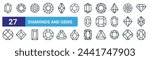 set of 27 outline web diamonds and gems icons such as peridot, garnet, diamond, garnet, diamond, ruby, emerald, peridot vector thin line icons for web design, mobile app.