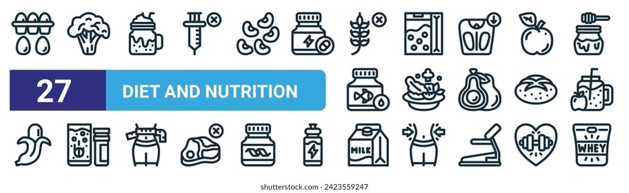 conjunto de 27 iconos de esquema de dieta web y nutrición como huevo, brócoli, suavidades, cereales, ensalada, efervescente, leche, iconos de línea delgada vectorial de suero para diseño web, aplicación móvil.