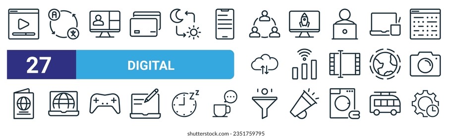 conjunto de 27 iconos web de esquema digital como vlogger, traducir, videoconferencia, inicio, wifi, , filtro, gestión de tiempo vectores iconos de línea delgada para diseño web, aplicación móvil.