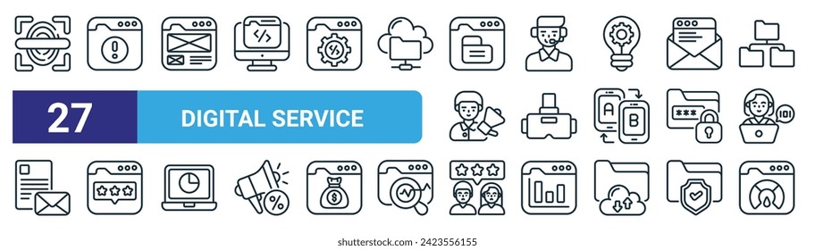 set of 27 outline web digital service icons such as fingerprint scanner, website, wireframe, customer service, virtual reality, rating, feedback, speedometer vector thin line icons for web design,