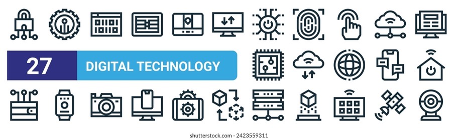 set of 27 outline web digital technology icons such as cyber security, technology, binary code, touch id, cloud, smartwatch, server, web cam vector thin line icons for web design, mobile app.