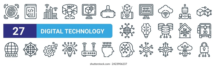 conjunto de 27 iconos de la tecnología digital de esquema web como la biometría, la codificación, la ciudad inteligente, el código binario, la innovación, la red, el gemelo digital, los iconos de la línea delgada del vector de seguridad para el diseño web, la aplicación móvil.