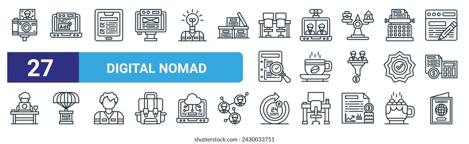 set of 27 outline web digital nomad icons such as vlogger, online advertising, tablet, video conference, coffee cup, drop shipping, hour, passport vector thin line icons for web design, mobile app.