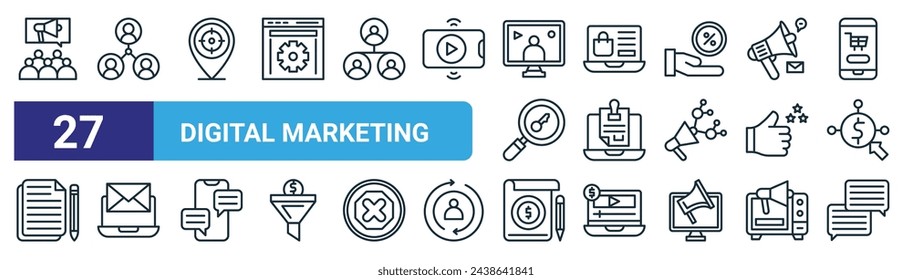 conjunto de 27 iconos de marketing digital web esquemáticos como relaciones públicas, marketing viral, ubicación, negocios en línea, encuesta en línea, mensaje, artículos de pago, vector de conversión de iconos de línea delgada para web