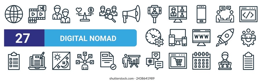 set of 27 outline web digital nomad icons such as  , video editing, coworker, video conference, responsive, copywriter, social media, clipboard vector thin line icons for web design, mobile app.