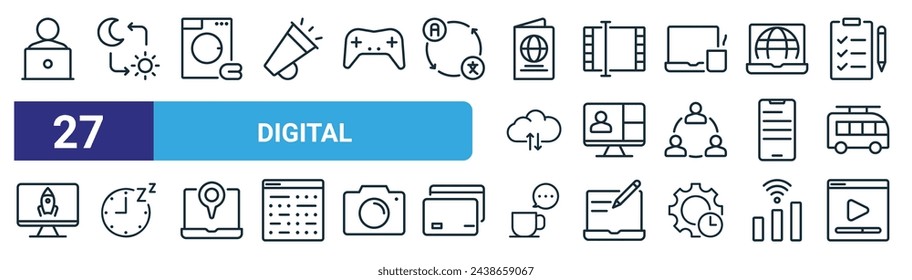 set of 27 outline web digital icons such as freelancer, day and night, laundry, video editor, video conference, sleep, coffee, vlogger vector thin line icons for web design, mobile app.