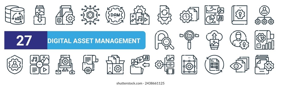 conjunto de 27 iconos de gestión de activos digitales web de esquema como análisis, descarga, archivo, flujo de trabajo, carpeta, gestión de as digital, gestión de as digital, organización de iconos de línea fina vectorial para web