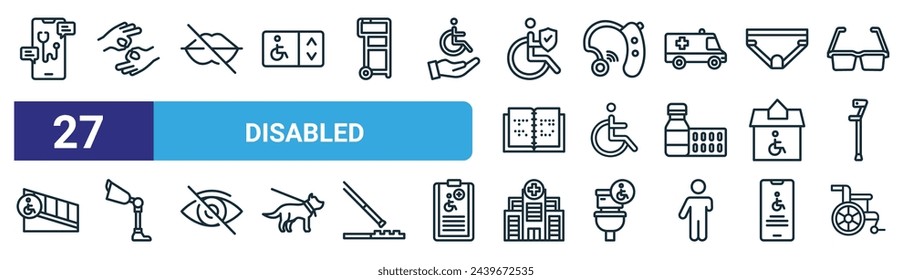 Set von 27 Outline Web deaktiviert Icons wie medizinische App, , Stumm, Hörgerät, Rollstuhl, Beinprothese, Krankenhaus, Rollstuhl Vektor dünne Linie Icons für Web-Design, mobile App.