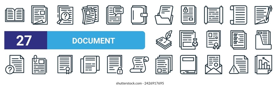 set of 27 outline web document icons such as book, document file, faqs, secret file, office papers, office papers, office papers, file report vector thin line icons for web design, mobile app.