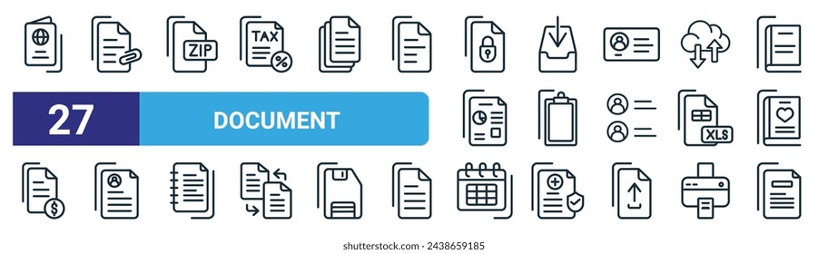 conjunto de 27 iconos de documento web de esquema como pasaporte, adjuntar, zip, bandeja de entrada, portapapeles, curriculum vitae, calendario, vector cv línea delgada iconos para el diseño web, aplicación móvil.