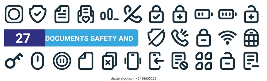 set of 27 outline web documents safety and icons such as on off, shield, document, lock, ring, mouse, swipe left, document vector thin line icons for web design, mobile app.