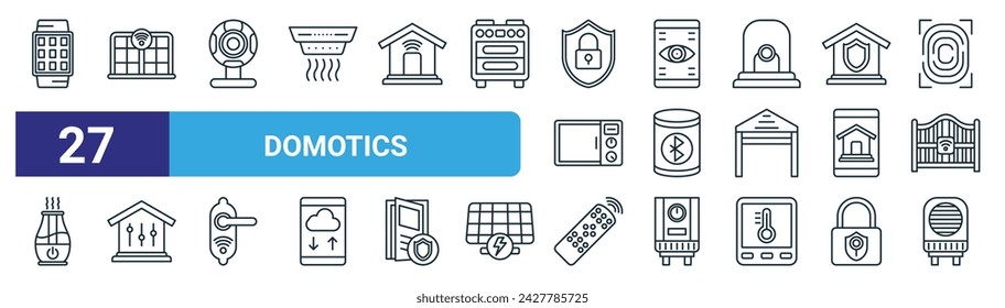 conjunto de 27 iconos de esquema de domótica web como smartwatch, windows, webcam, identificación, , domótica, control remoto, vector de calentador eléctrico iconos de línea delgada para diseño web, aplicación móvil.