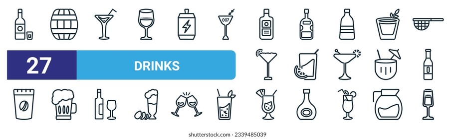 set of 27 outline web drinks icons such as vodka, cask, pink rose, violin, fruit juice, pub, mai thai, pisco sour vector thin line icons for web design, mobile app.