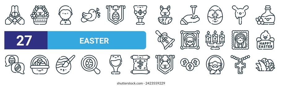 set of 27 outline web easter icons such as pray, rabbit, priest, nail,  , basket, easter bunny, easter egg vector thin line icons for web design, mobile app.