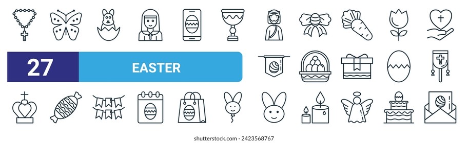 set of 27 outline web easter icons such as chain, butterfly, easter bunny, ribbon, basket, candy, easter bunny, vector thin line icons for web design, mobile app.