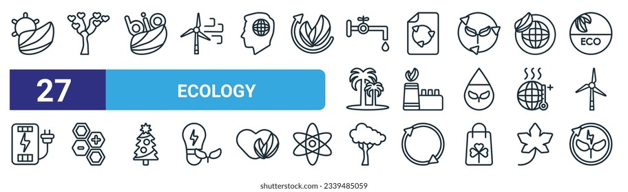 conjunto de 27 íconos de ecología web de contorno como luz solar, árbol de amor, bioenergía, papel reciclado, industria ecológica, células de energía ecológica, planta a árbol, iconos de línea delgada de vector de energía ecológica para diseño web, móvil