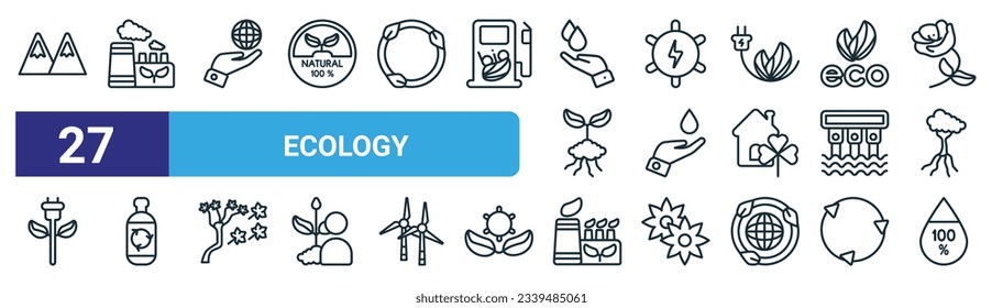 set of 27 outline web ecology icons such as snowy mountains, eco factory, globe on hand, solar energy, drop, recycled bottle, sustainable factory, 100  natural badge vector thin line icons for web