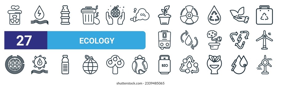 conjunto de 27 iconos de ecología web de contorno como energía nuclear, energía hidráulica, botella de plástico, radioactivo, ciclo de agua, energía hidráulica, biogás, iconos de línea delgada vectorial de turbina eólica para diseño web, móvil