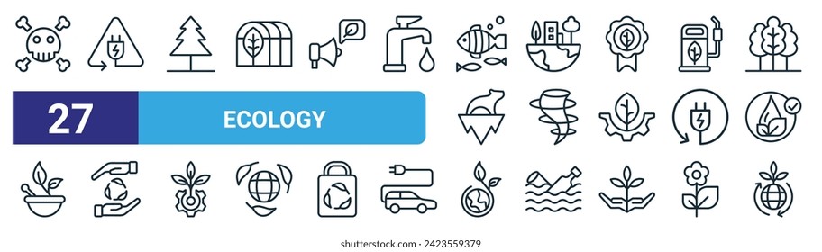 set of 27 outline web ecology icons such as danger, smile, pine, environment, cyclone, recycling, green earth, ecology vector thin line icons for web design, mobile app.